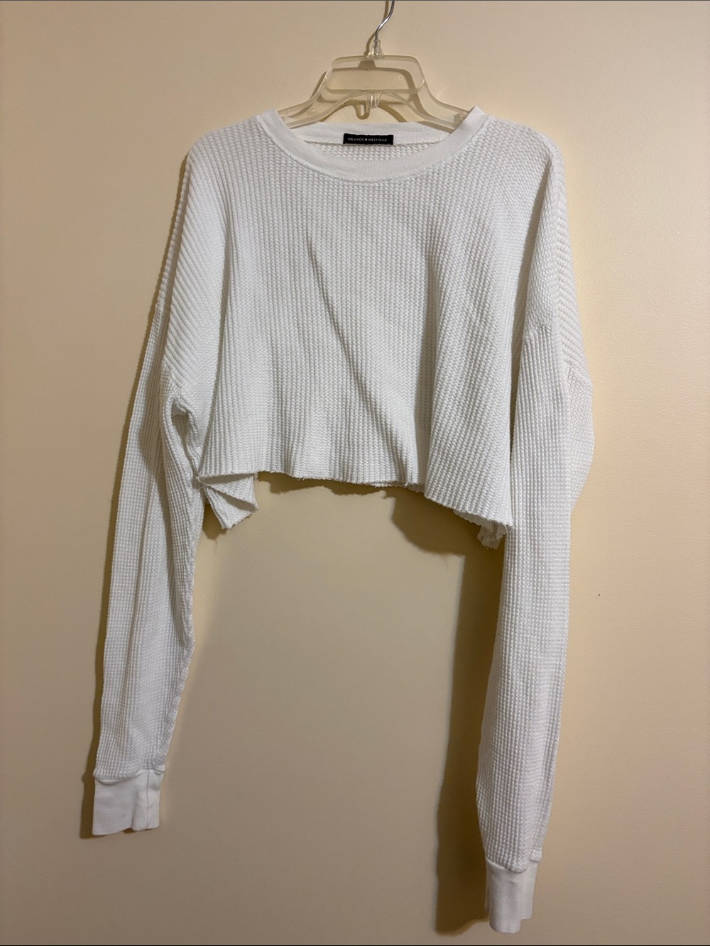 Brandy Melville White Cropped Waffle Long Sleeve Top